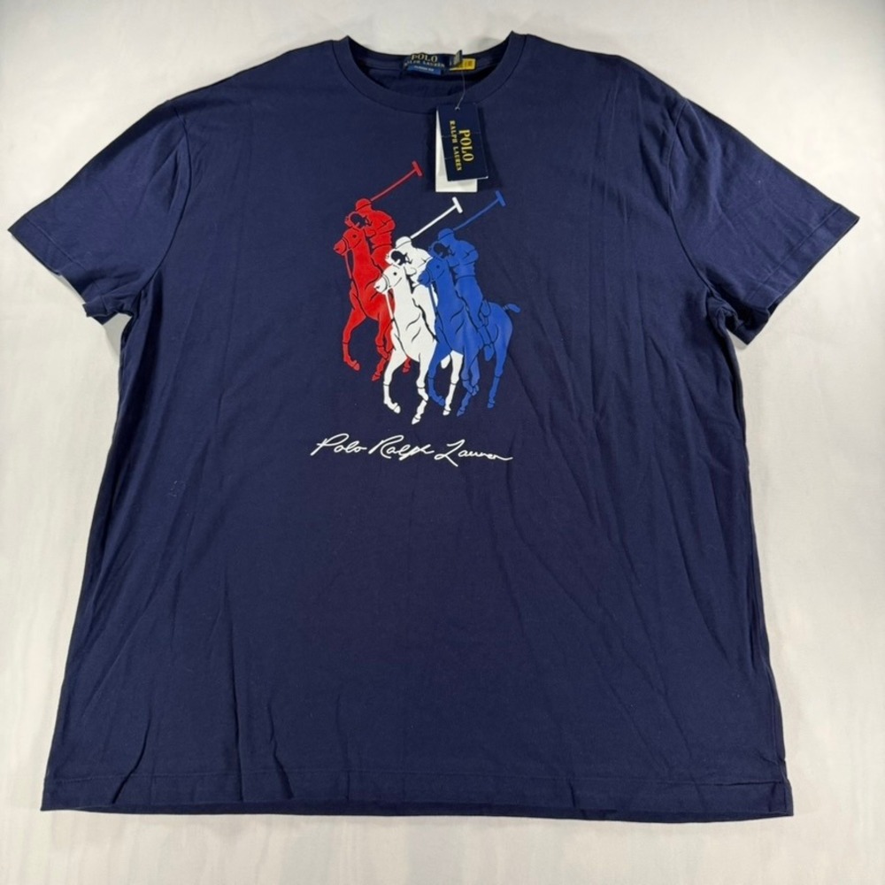 Polo Ralph Lauren T-Shirt Mens L Navy Blue Triple Pony Graphic Classic Fit NEW
